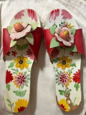 Oilily Red Floral Slide Sandals with Multicolor Painted Footbed